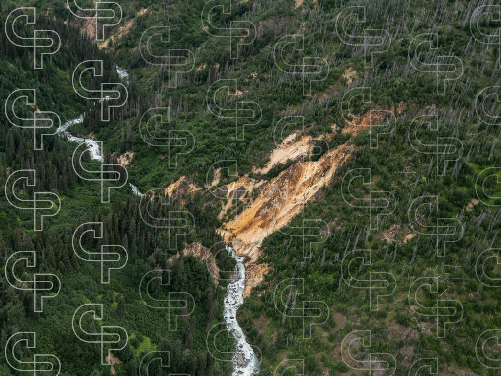 Aerial view of a forested river valley with exposed mineralised rock and steep terrain.