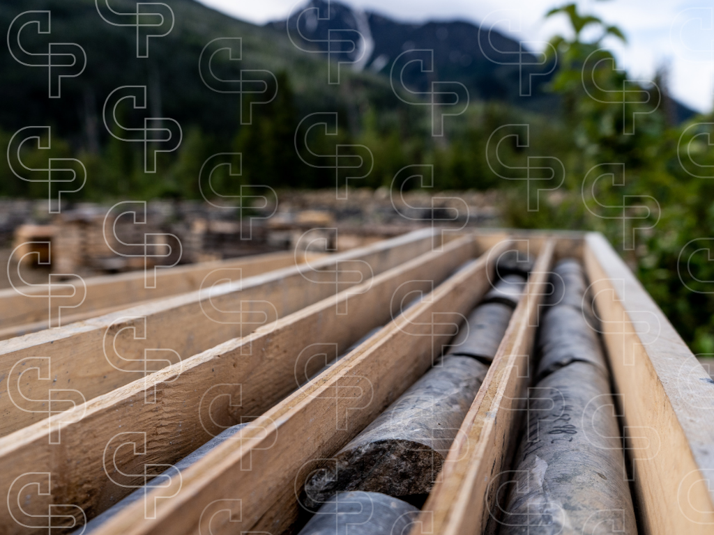 Drill core samples arranged in wooden core trays outdoors with mountains and forest in the background.