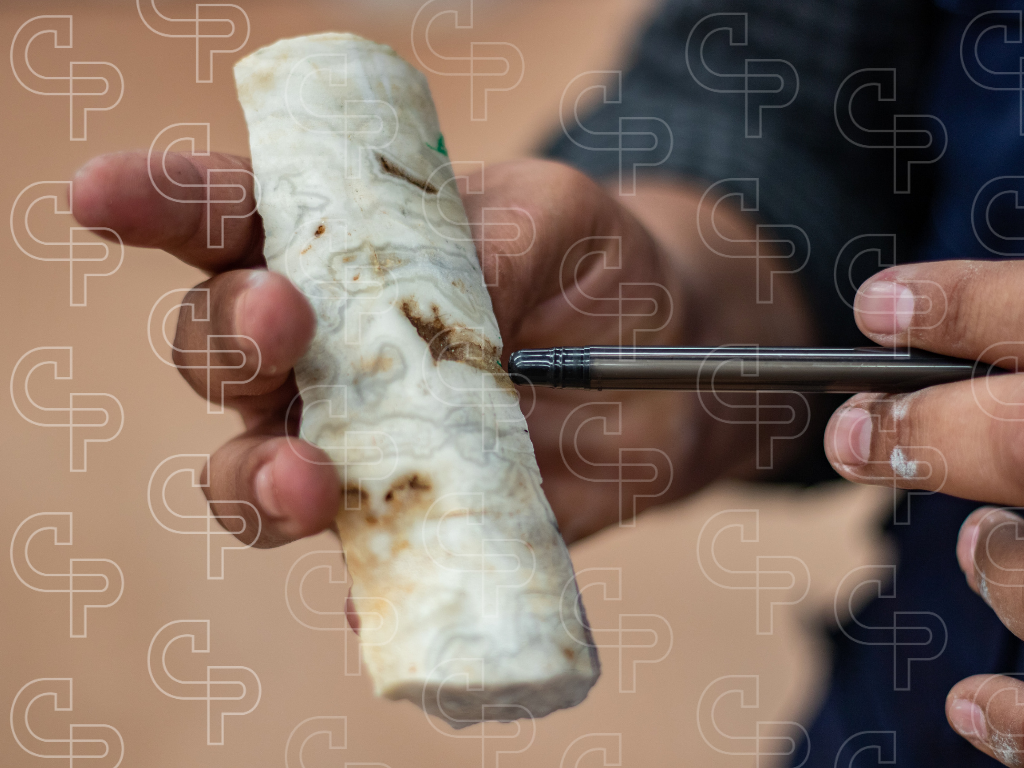 Close-up of a cylindrical rock sample being examined with a pen pointing to mineral features.
